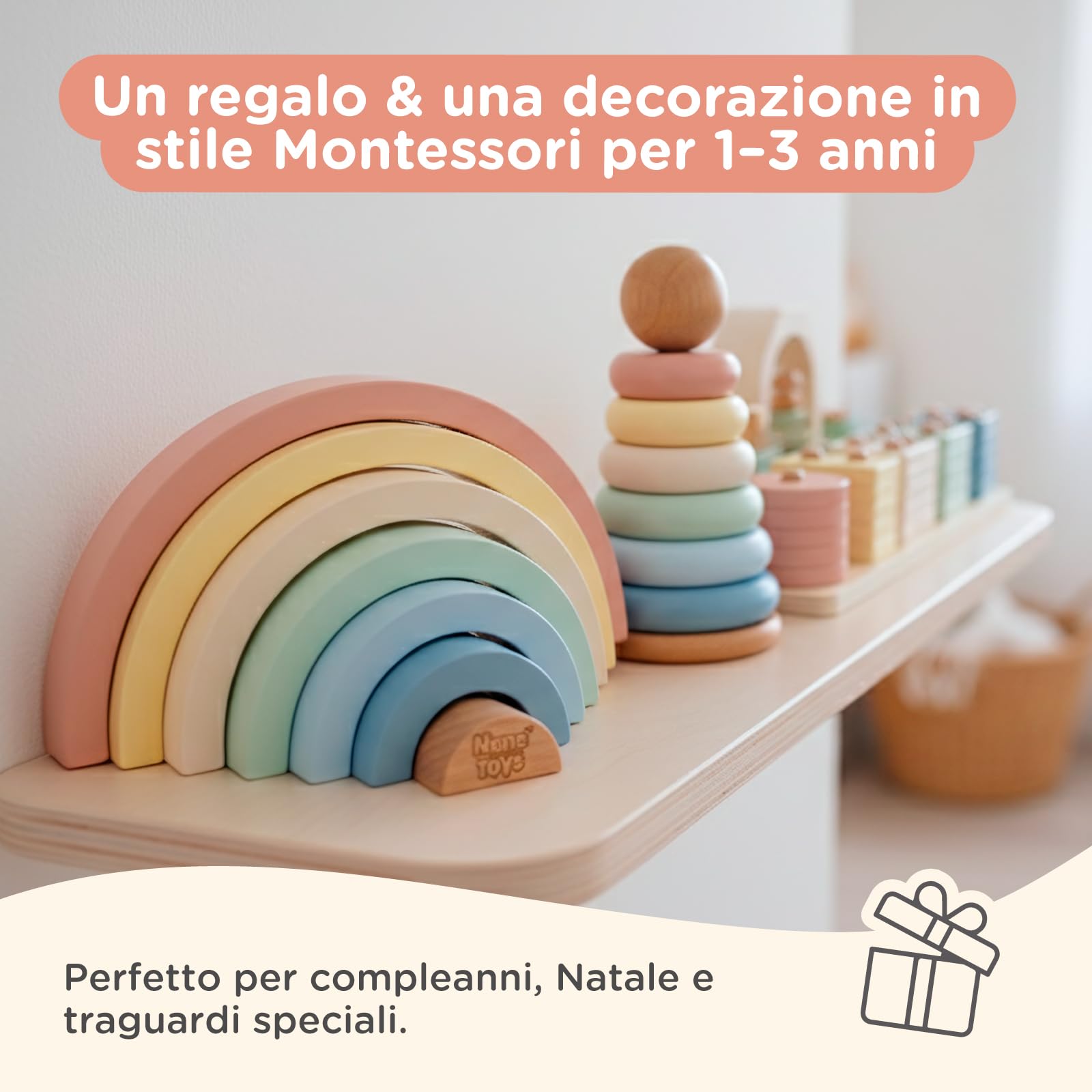 Nene Toys Giocattolo Montessori in Legno 3-in-1 per Bambini 1 Anno – Arcobaleno in Legno, Torre da Impilare & Gioco di Incastro – Gioco Educativo 1–3 Anni – Idea Regalo Bimba Bimbo – Colori Pastello