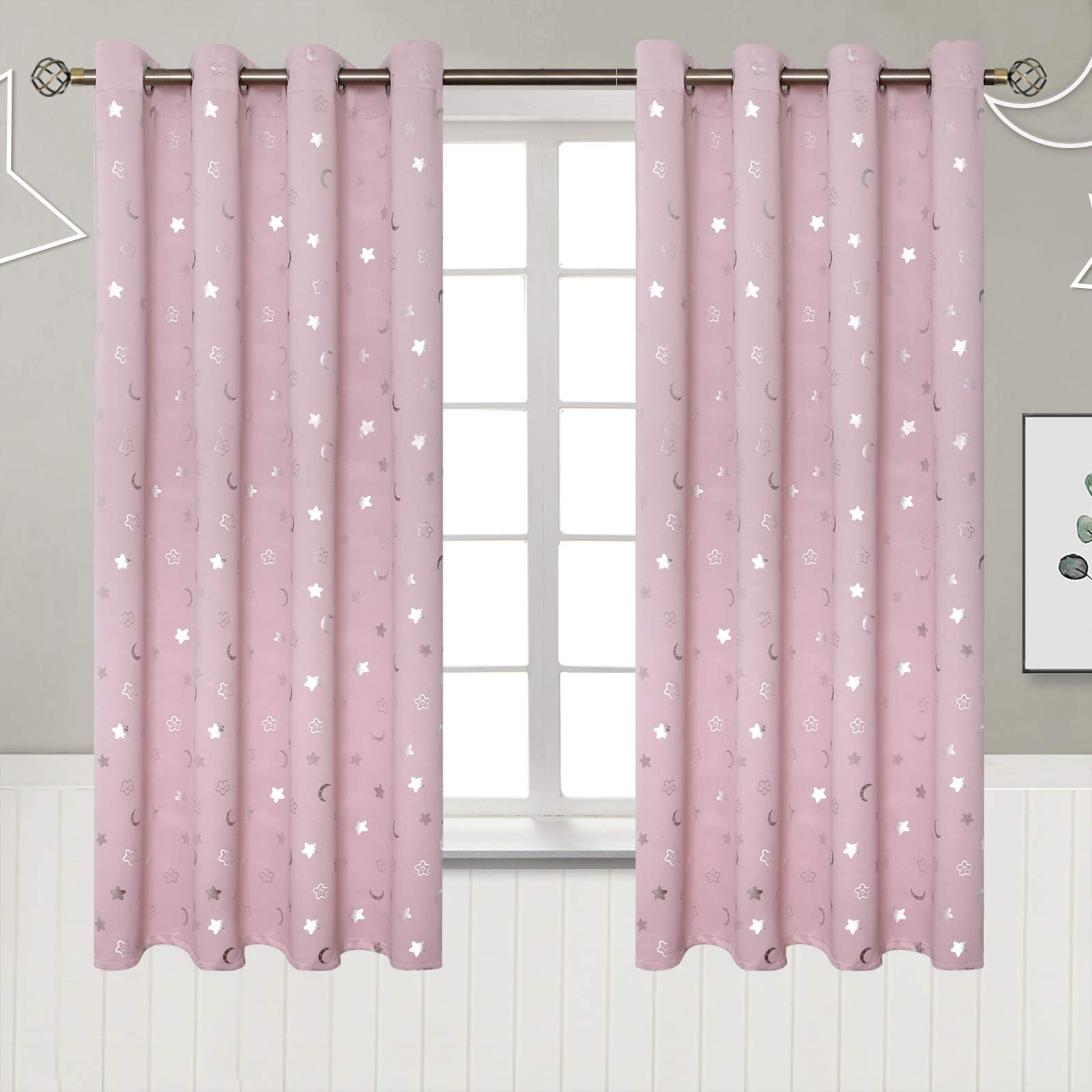 BGment Pink Curtains for Girls Bedroom, Star and Moon Blackout Curtains for Kids 63 Inch Long, Thermal Insulated Room Darkening Nursery Window Curtains with Grommet, 2 Panels, 52 Wide, Light Pink
