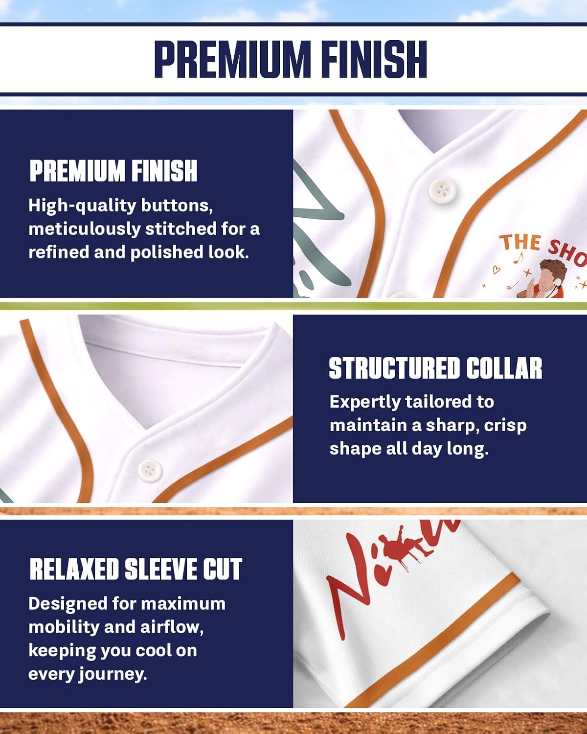 Men's Classic Baseball Jersey - Short Sleeve Button Down Hip-Hop Streetwear Shirt - Lightweight Breathable Mesh Fabric, Music