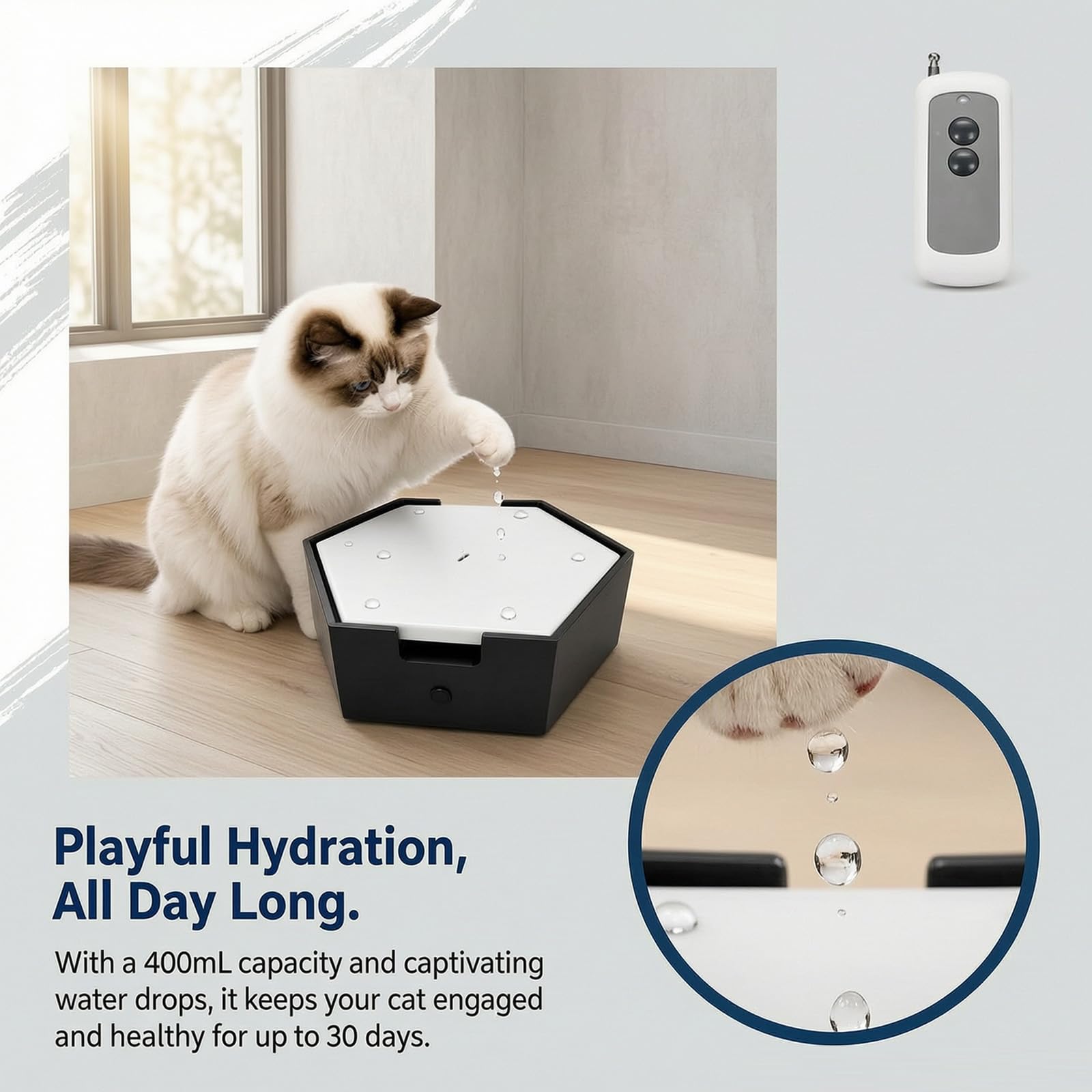 Gioco Automatico A Goccia Dacqua per Gatti, con Telecomando, Ideale per Gatti da Interno. capacità Dellacqua: 400 Ml. Pompa di Protezione Contro Il Funzionamento A Black Plug-in