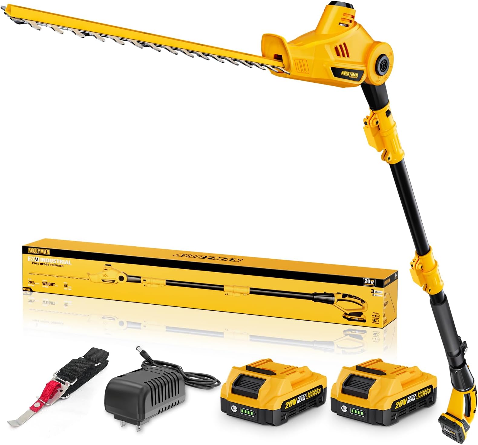 Alloyman 20V MAX Pole Hedge Trimmer,Telescoping Pole Hedge Trimmer,with 2 Packs 2.0Ah Batteries & Charger,8 Feet Hedge Trimmer for Shrubs Pruning