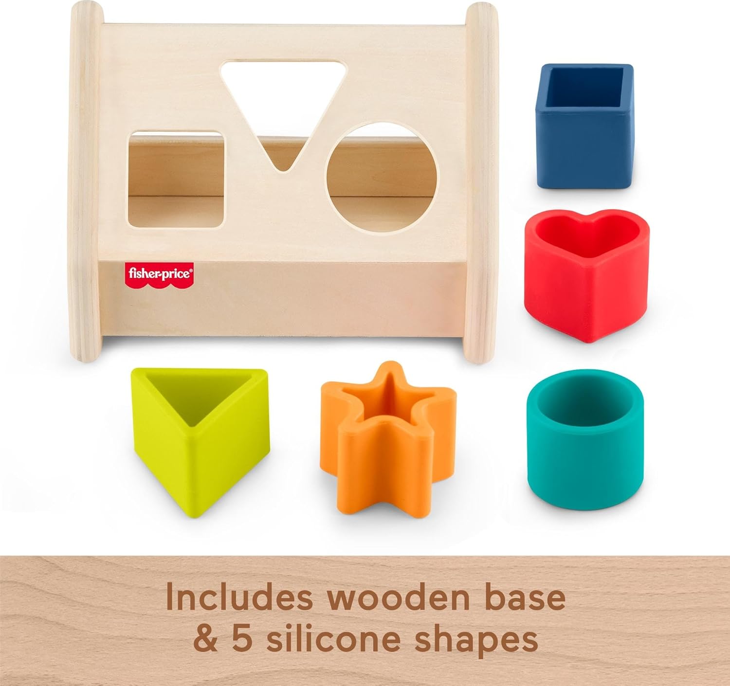 Fisher-Price Wooden Silicone Shape Sorter, Developmental Activity Toy with Wood Base for 6 Months +
