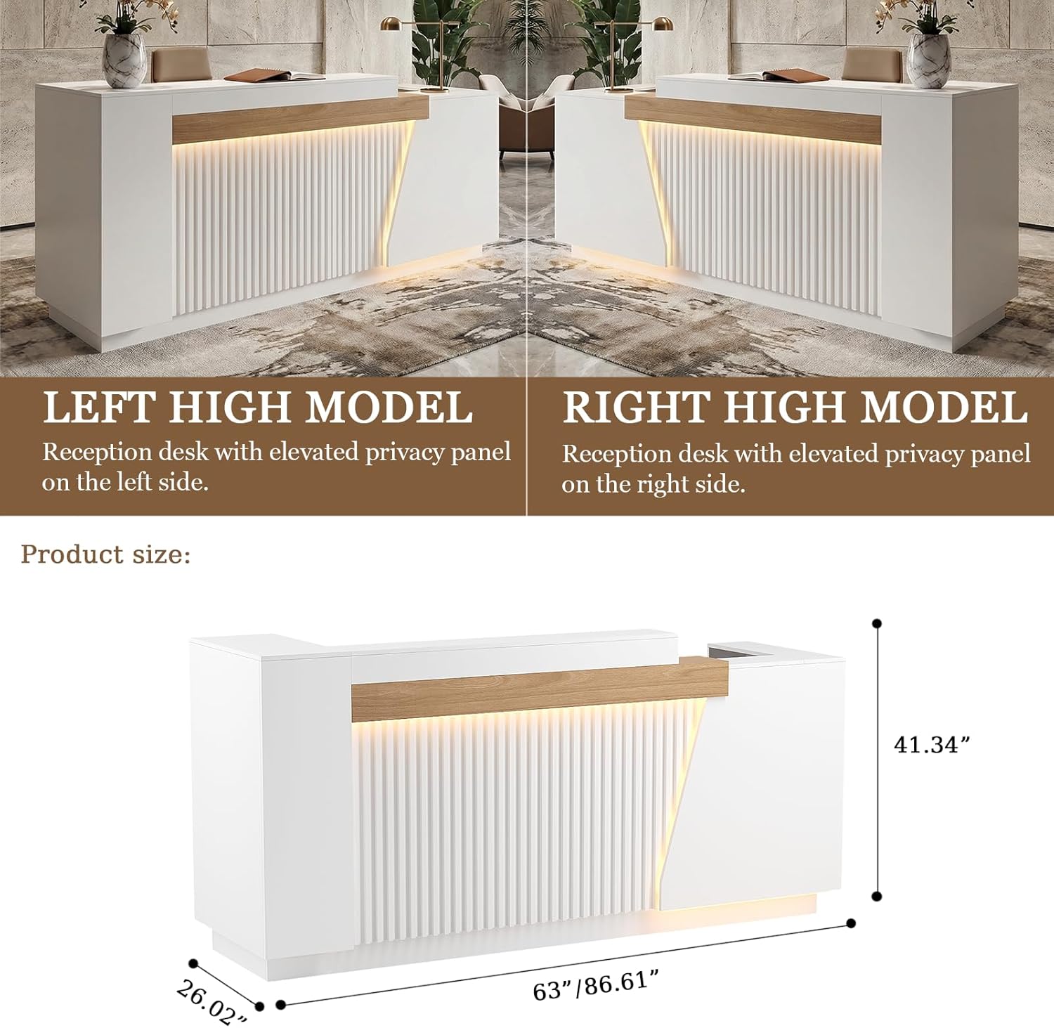 Modern Reception Desk with LED Lights & Built-in Outlets, 63” L-Shaped Front Desk with Slatted Grille Design,White Checkout Counter for Salon, Retail Store, Office, Dimmable Switch