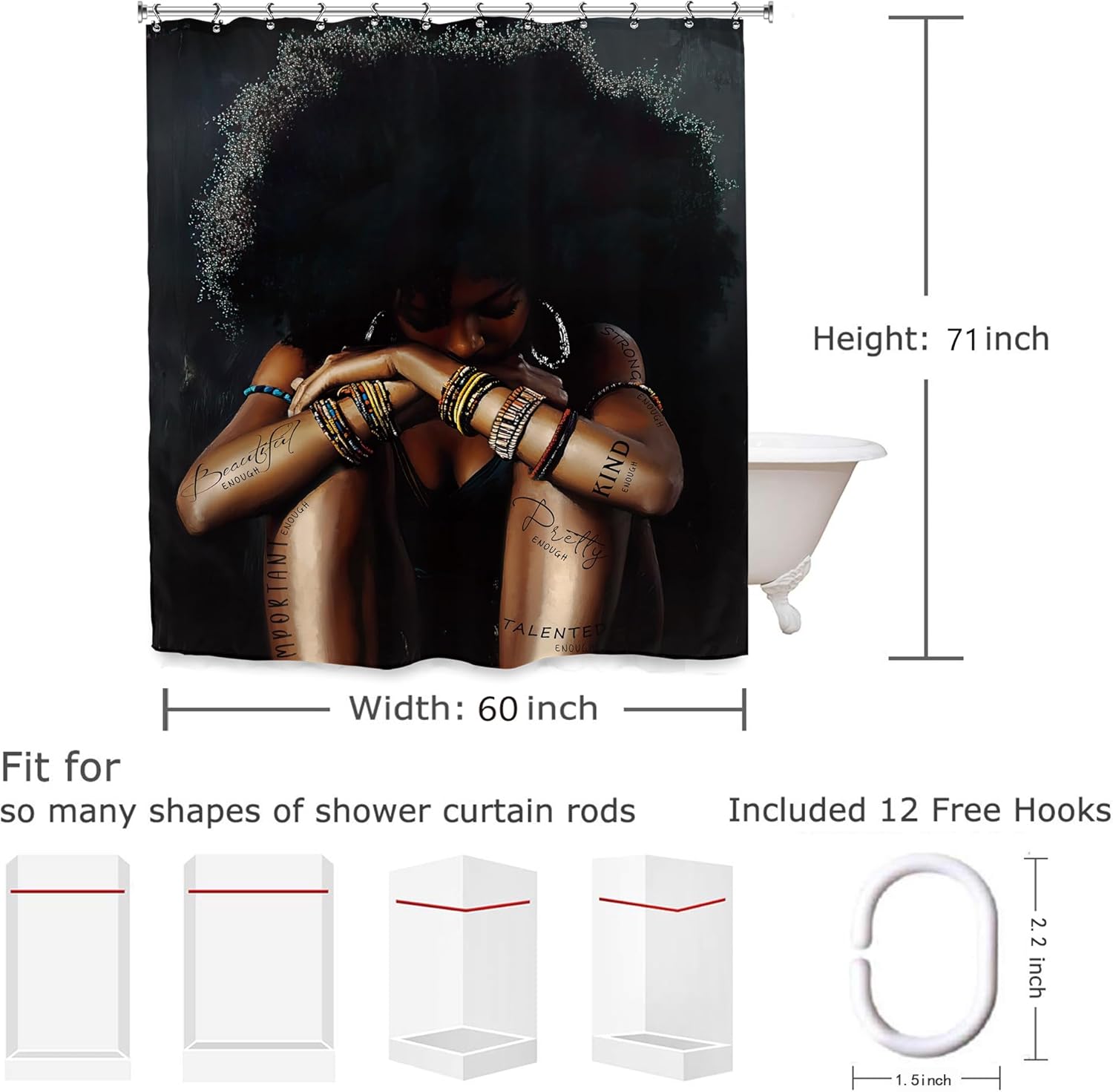Black Girl Woman Bathroom Shower Curtain 60W by 71H Inch African American Afro Lady Sexy Polyester Fabric 12 Plastic Hooks Waterproof Decor