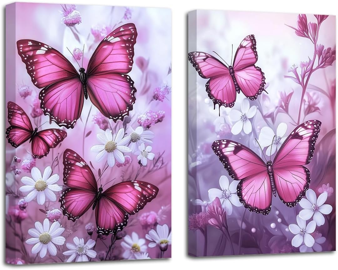 LZIMU Butterfly Picture Wall Decor Fantasy Girls Wall Art 2 Piece Butterflies with Flower Painting Prints Rustic Floral Framed Artwork (Pink, 11x14inchx2 Pieces)