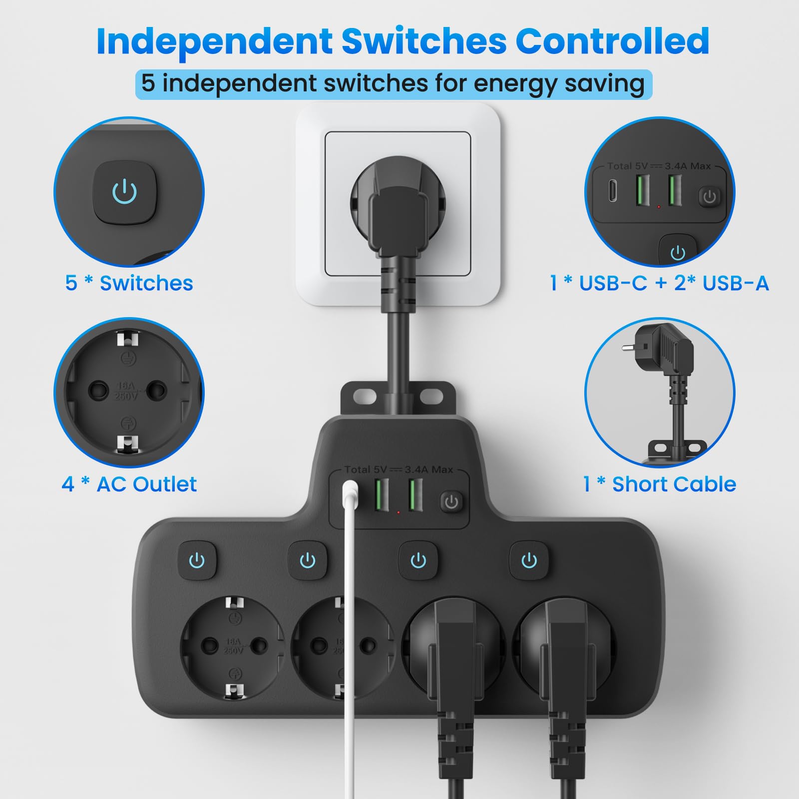 Ciabatta Elettrica con Interruttore, Ciabatta Multipresa con 4 Presa e 3 USB Carica,Presa Multipla Salvaspazio con Interruttori Indipendenti,4 Posti Multipresa Schuko da Parete 0,1M Cavo Corto,Nero