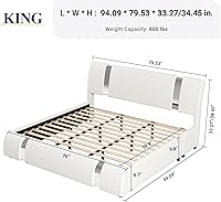 Vista 2 de Allewie Base de cama tamaño King con decoración de piezas de hierro, cama tapizada de piel sintética con cabecera ajustable curvada, soporte