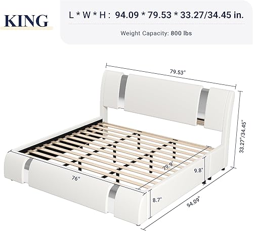 Miniatura 2 de Allewie Base de cama tamaño King con decoración de piezas de hierro, cama tapizada de piel sintética con cabecera ajustable curvada, soporte de