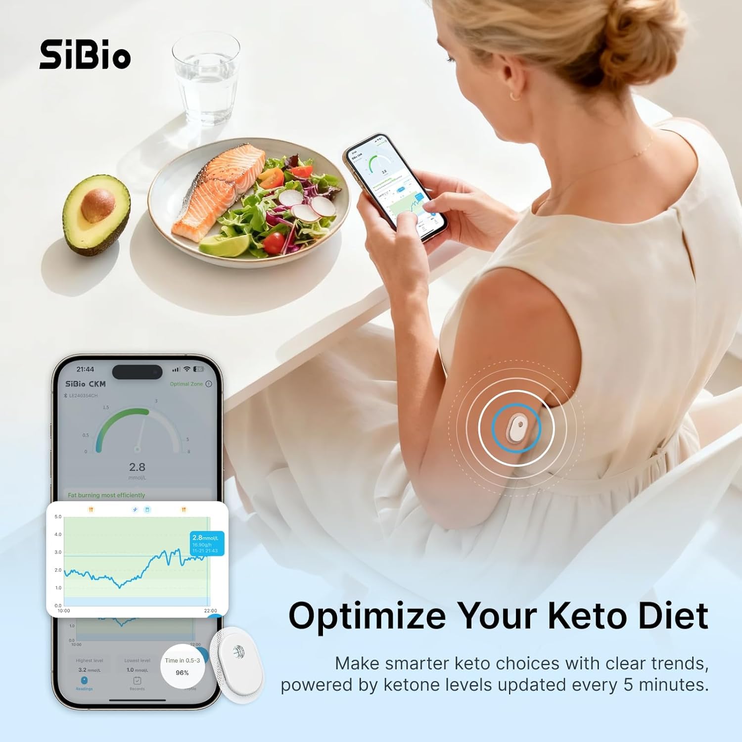 SIBIO KS3 Kontinuierliches Keton-Monitoring (CKM), 14-Tage Wearable-Sensor zur präzisen Ketose-Überwachung, professionelles Echtzeit-Tracking für ketogene & Low-Carb-Diäten, kompatibel mit iOS/Android