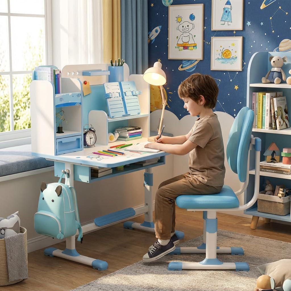 Kids Functional Desk and Chair Set, Ergonomic Height Adjustable Children School Study Desk with Book Stand, Metal Hook and Storage Drawer for Boys Girls Blue