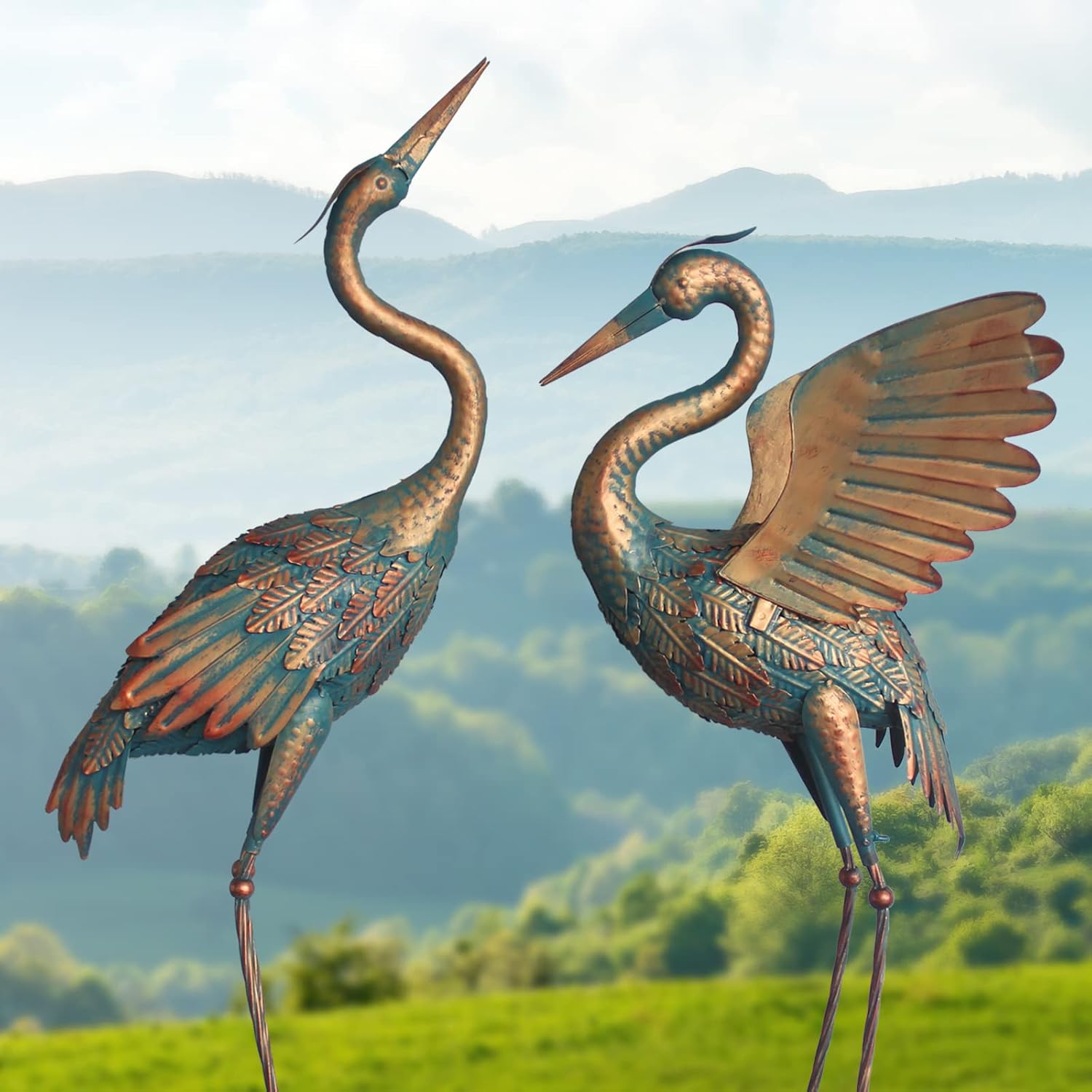 33-37 Inch Metal Crane Garden Statue Décor, Bird Heron Garden Sculpture & Statues, Outdoor Decoration for Yard Pond Lawn Backyard Pool, Vintage Spread Wings Crane, Set of 2 Copper