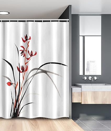 Miniatura 89 de Ambesonne Cortina de ducha hawaiana, diseño de hibisco hawaiano tropical, silueta de niña, tabla de surf, impresión de arte retro, juego de Fucsia