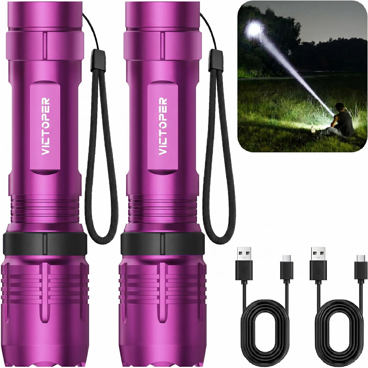 Victoper Pink Rechargeabe Flashlight 2 Pack, High Lumens 5 Modes LED Bright Tactical Flashlights, Waterproof Zoomable Flash Light for Outdoor, Gifts for Camping Essentials Gear