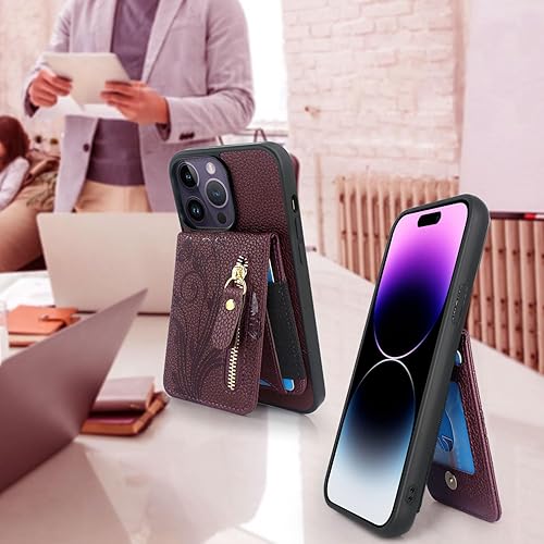 Miniatura 6 de Lacass Funda compatible con MagSafe Case Wallet para iPhone 15 Pro Max de 6.7 pulgadas, tarjetero magnético desmontable con cremallera (floral rojo