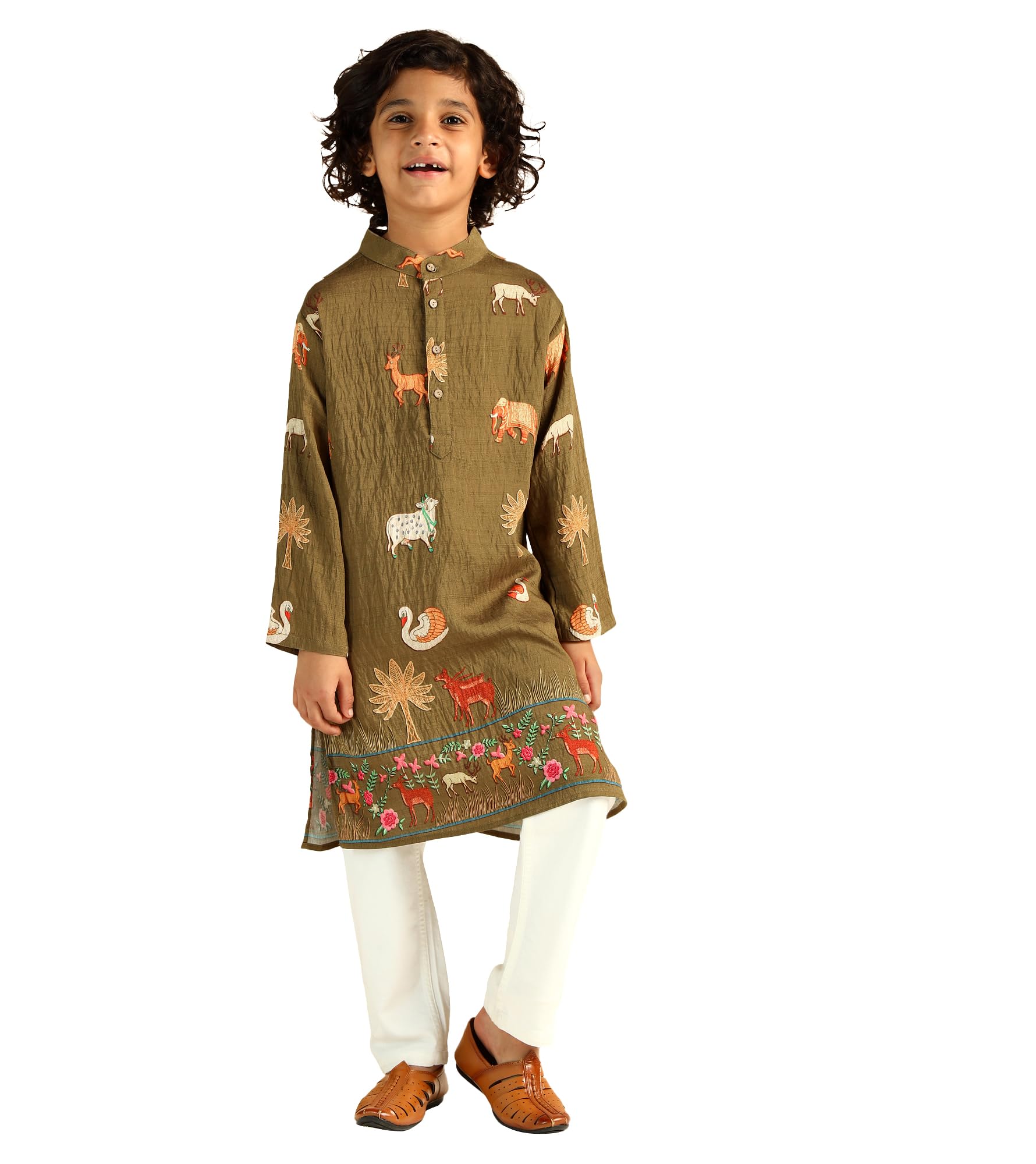 Bugandbees Boys Nylon Knee Length Kurta|Full Sleeve|Mandarin Collar|Kids Clothes for Boys Dress 6-7 Years Ethnic Wear|Fancy Traditional Dress|One Piece(BBKUB00000334_6-7Y_Olive Green)