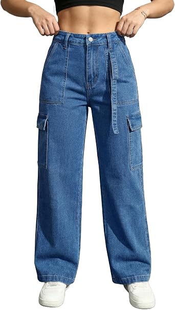 Womens Cargo Jean for Women High Waist Stretchy Straight Wide Leg Jean with 6 Pockets Casual Baggy Jeans