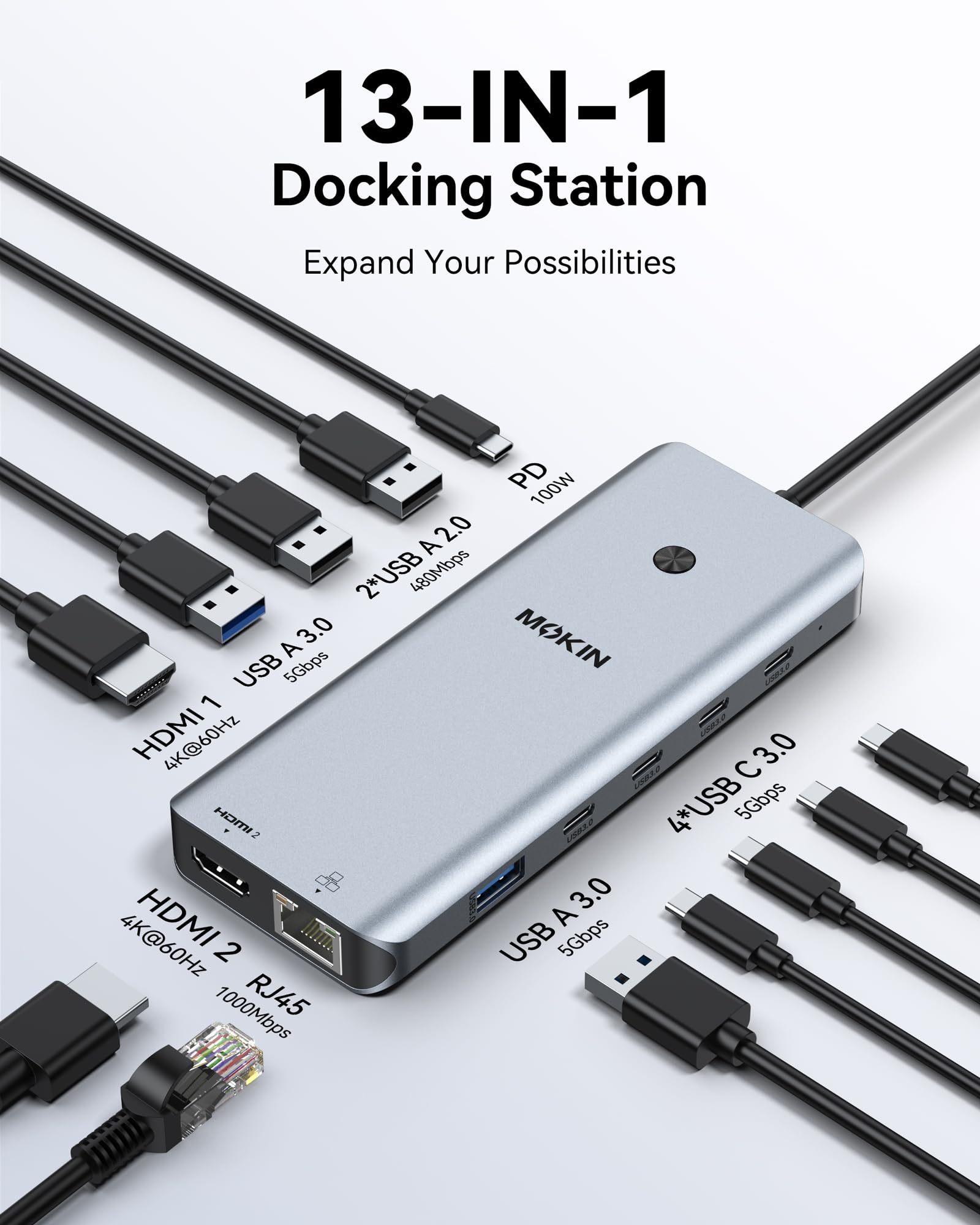 MOKiN Station d'accueil USB C Double Moniteur, 13 en 1 HUB USB C Dual 4K@60Hz avec 2 HDMI, Gigabit Ethernet, Charge Rapide PD 100 W, 5Gbps Docking USB C pour Ordinateurs Portables MacBook/Dell/HP