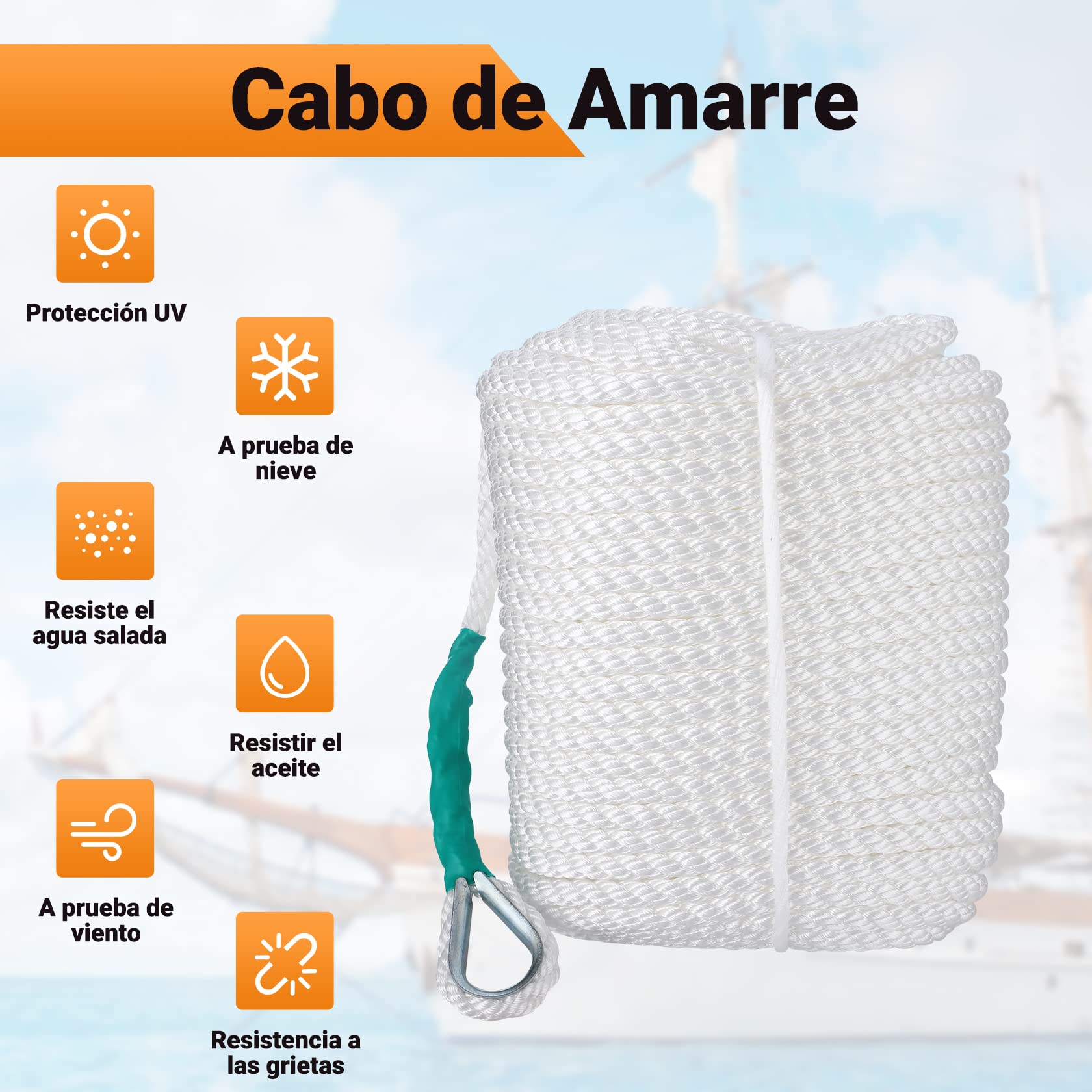 CarBole Cuerda de barco, cuerda de amarre, cuerda de muelle multifuncional de 12 mm x 91 m para supervivencia, navegación, deportes, camping, vela, senderismo (blanco) (5600 libras)