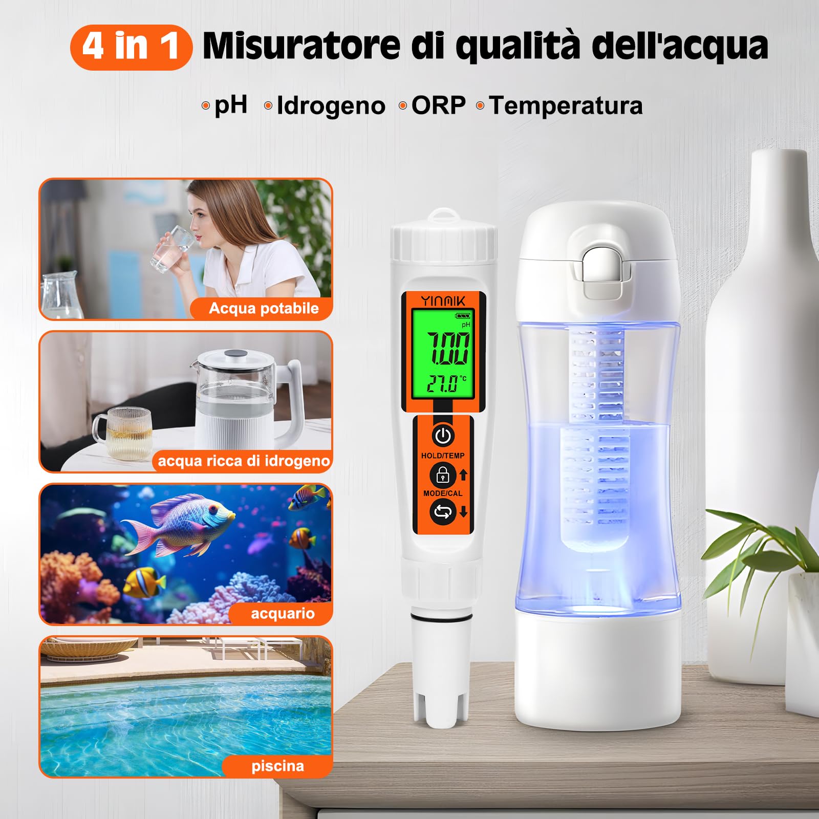 Tester per acqua idrogeno, misuratore H2 ORP pH Temp 4 in 1, misuratore idrogeno in acqua ppb/ppm, penna di prova per idrogeno disciolto per bottiglia di acqua all'idrogeno, misuratore pH ORP accurato