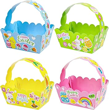 DERAYEE Small Easter Baskets, 12PCS Happy Easter Treat Gift Boxes with Cute Bunny Click Stickers for Easter Egg Hunt Party Favors and Decorations