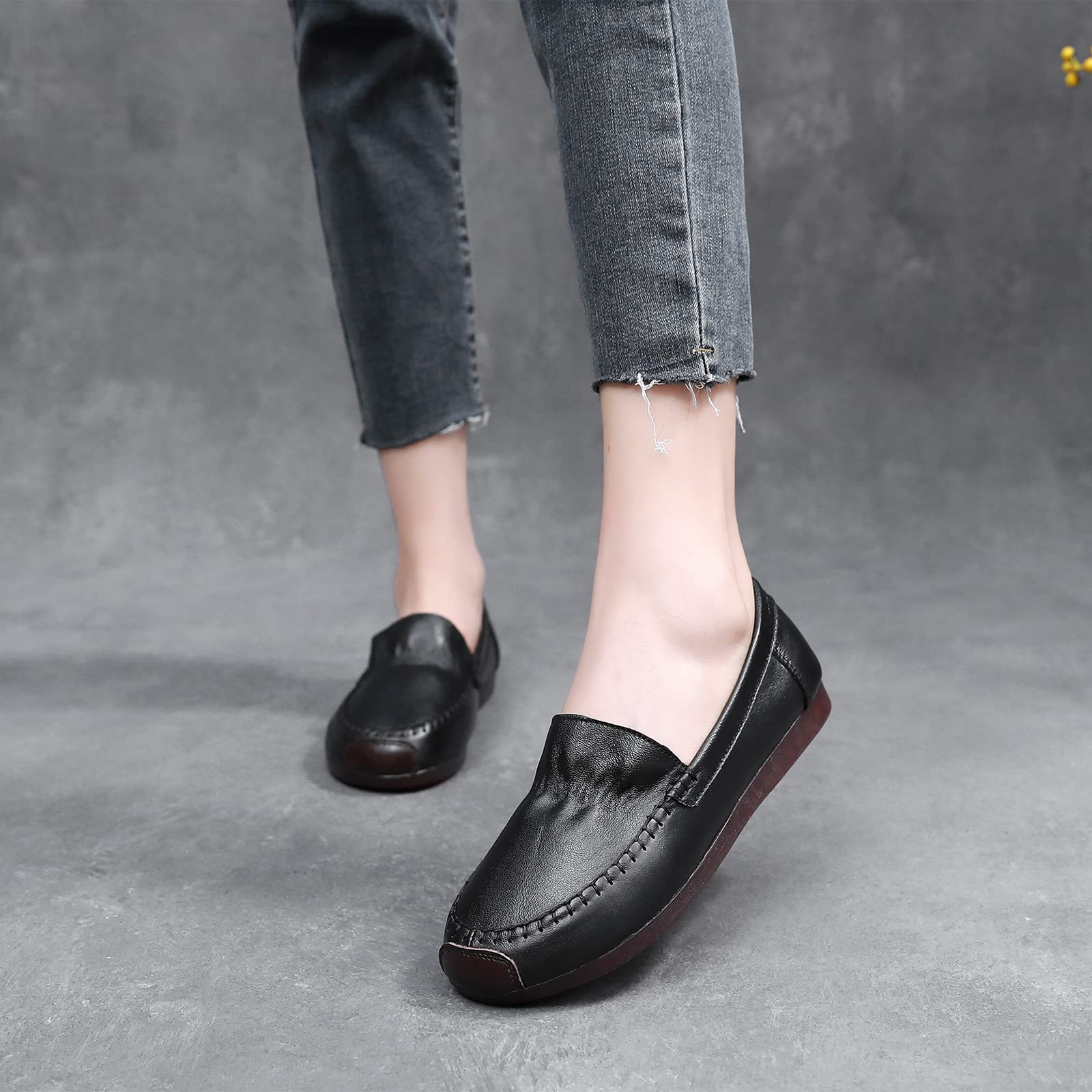 Mujer Piel Genuina Mocasines Anchos Bailarinas Suela Blanda Ligero Cómodo Zapatos para Caminar sin Cordones
