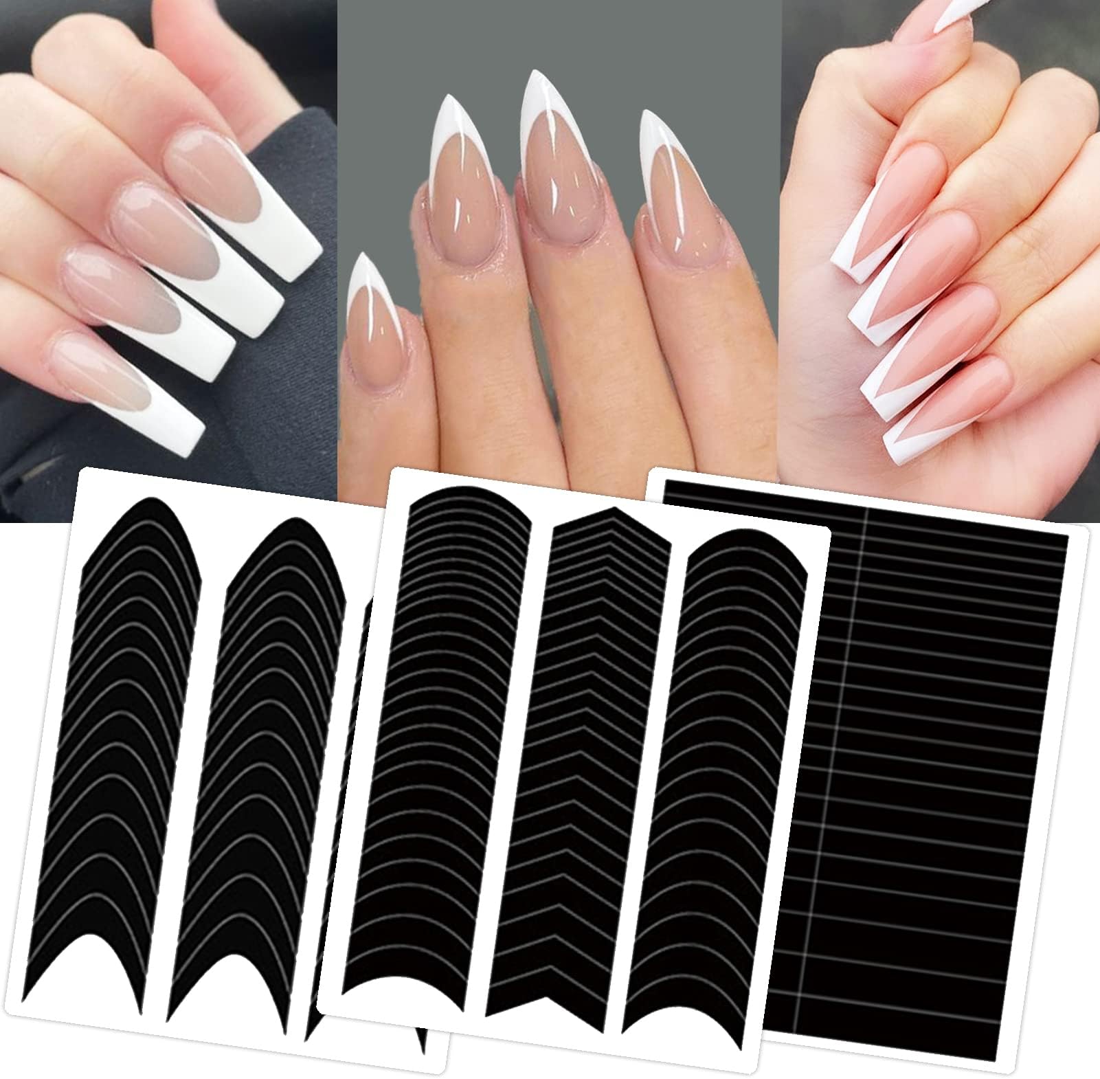 36 Sheets 1860 Pcs French Tip Nail Guides, Self-Adhesive French V-Shaped Moon Shaped Manicure Strip Stickers for Edge Auxiliary Black DIY Decoration Stencil Tools