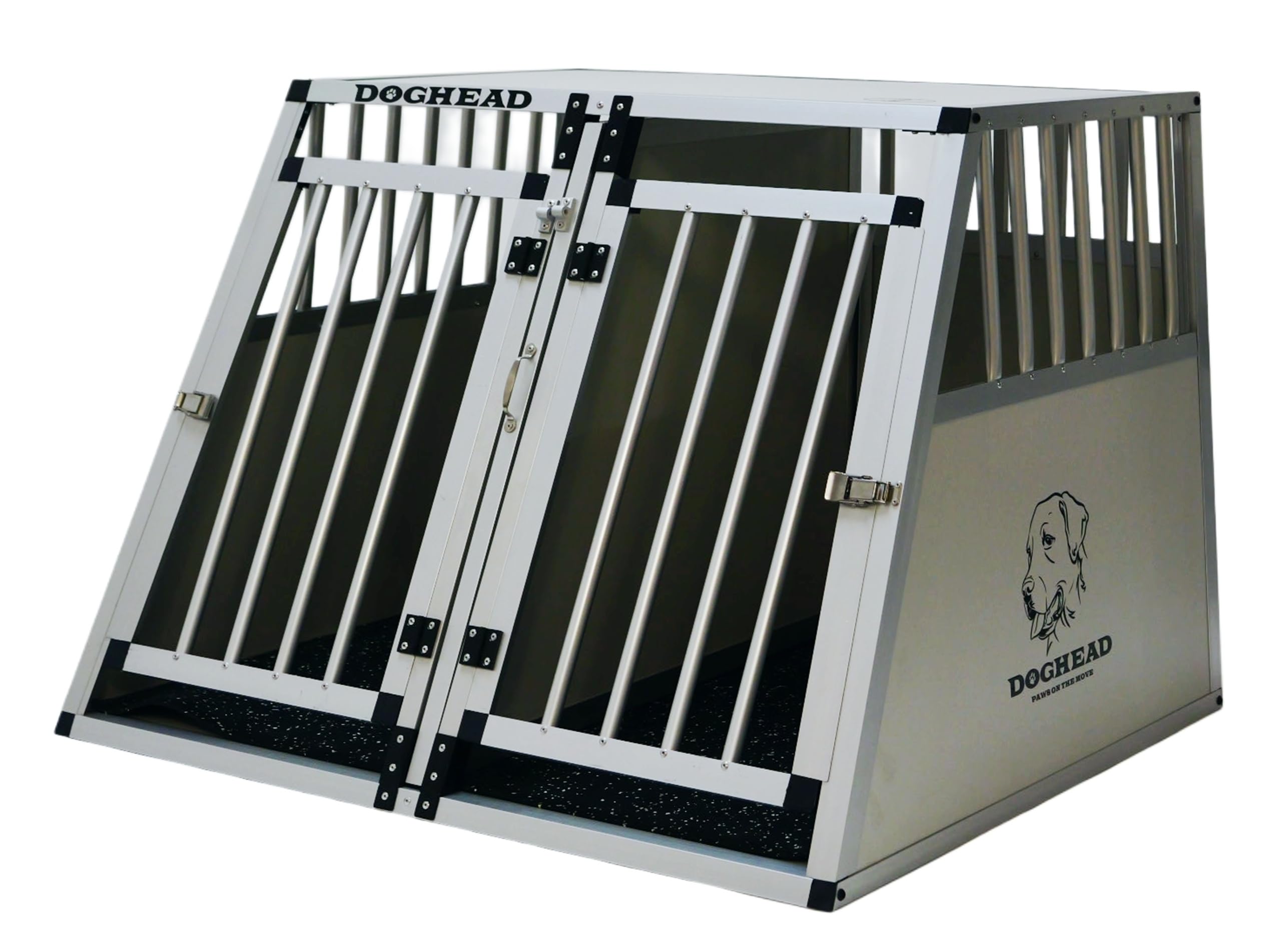 DOGHEAD Hundetransportbox Comfort, Double 97x85x69 cm EG, Schwarz, Aluminium, Vorne 65° Grad Winkel abgeschrägt, hinten 90° Grad (gerade), Trennwand mit Griff, Keine Kombibox