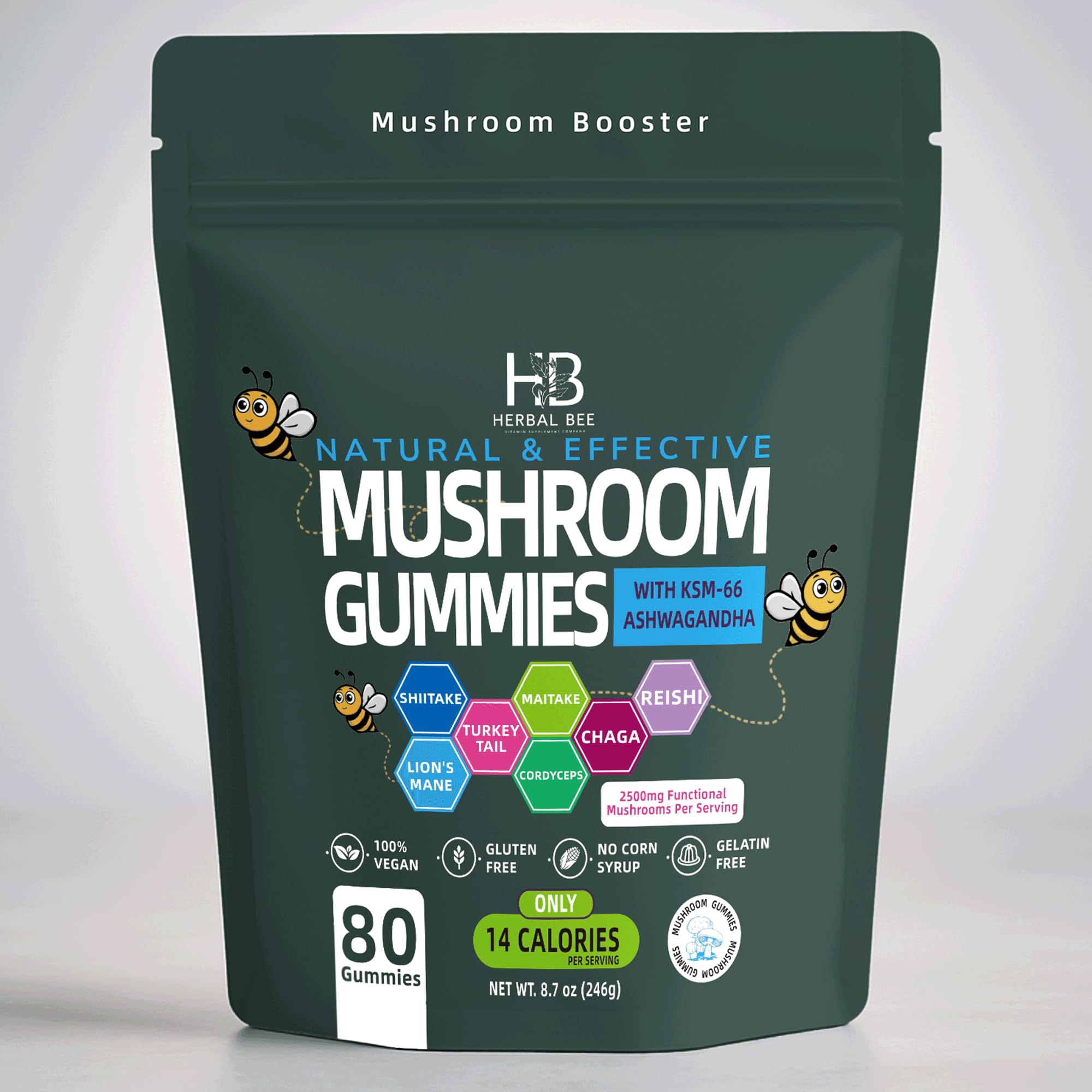 Herbal Bee Suplemento de cogumelos orgânicos com ashwagandha e Lion's Mane, 80 gomas