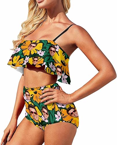Trajes de baño personalizados con cara de marido para mujer, trajes de baño de dos piezas con bandera estadounidense, bikini de campo personalizado