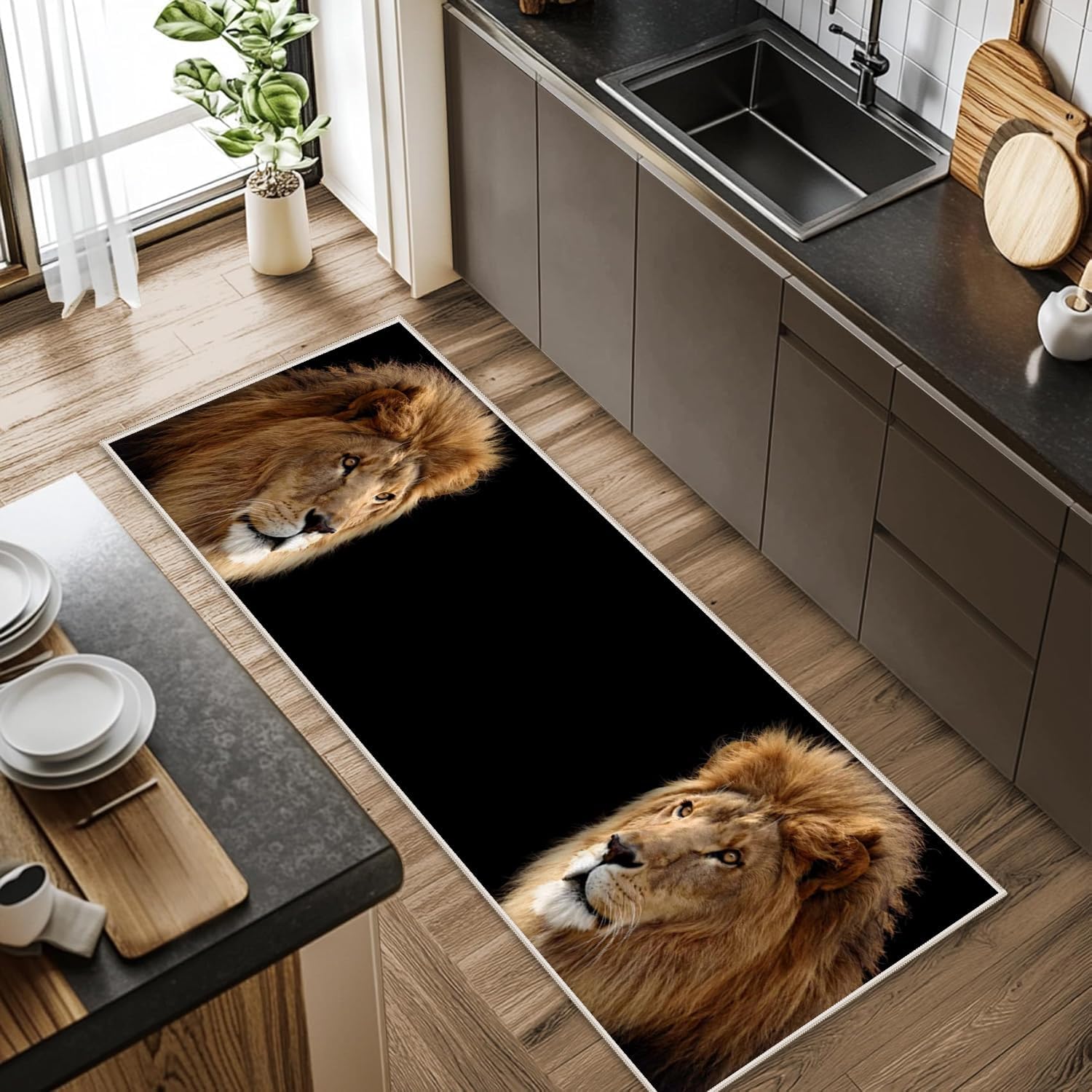 Modern Lion Rug Runners for Hallways, Lion Vintage Non Slip 1.3x7ft Washable Rug, Rustic Africa Animal Themed Area Rug, Men Print Indoor Carpet Runner for Kitchen Room Entryway Living Room
