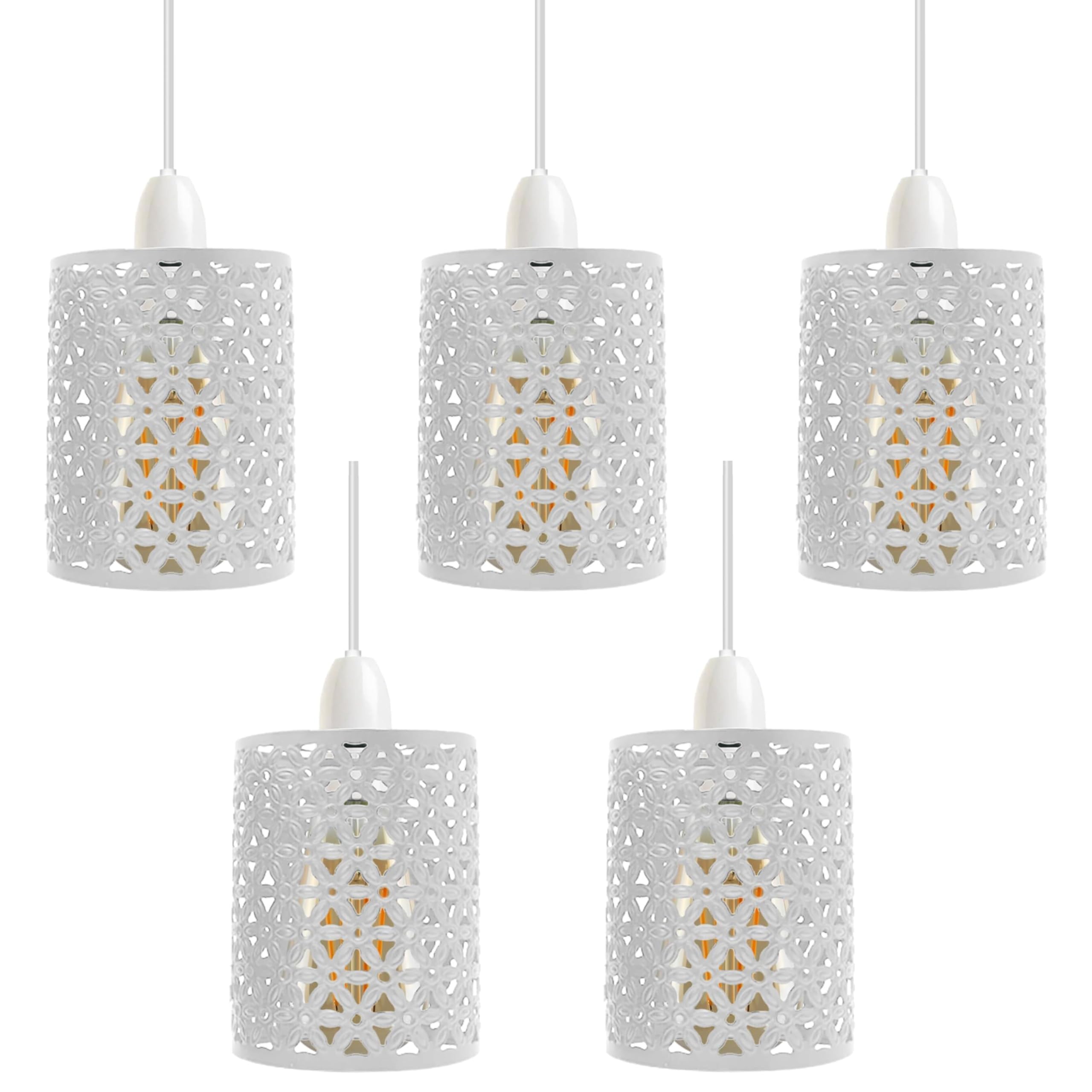 5 Pack of Industrial Easy Fit White Metal Cage Drum Lampshade Ceiling Pendant Lampshade with Reducer Plate for Living Rooms Bedroom Kitchen Dining Room (White 5Pack)