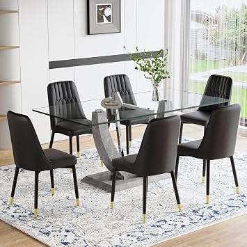 71" Glass Dining Table Set for 6, 7 Piece Dining Room Table Set with Upholstered Chairs, Kitchen Table Set for 6 for Home, Apartment, or Villa