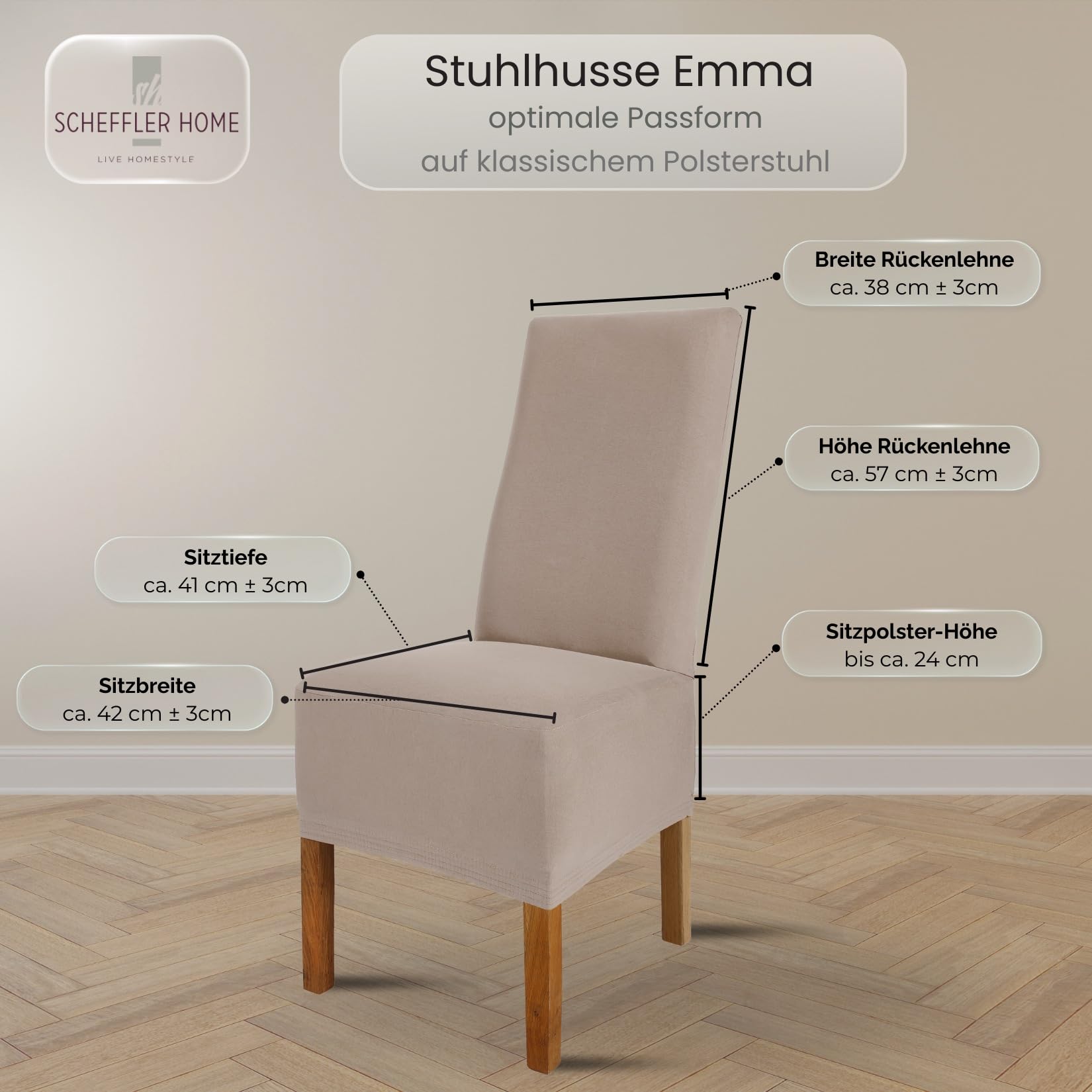 Scheffler Home Stuhlhussen 6er Set Taupe Jersey Baumwolle Emma | Waschbare Stuhlbezüge, Stretch Chair Cover für Hochlehner, Polsterstühle und Esszimmerstühle, Öko-Tex zertifiziert
