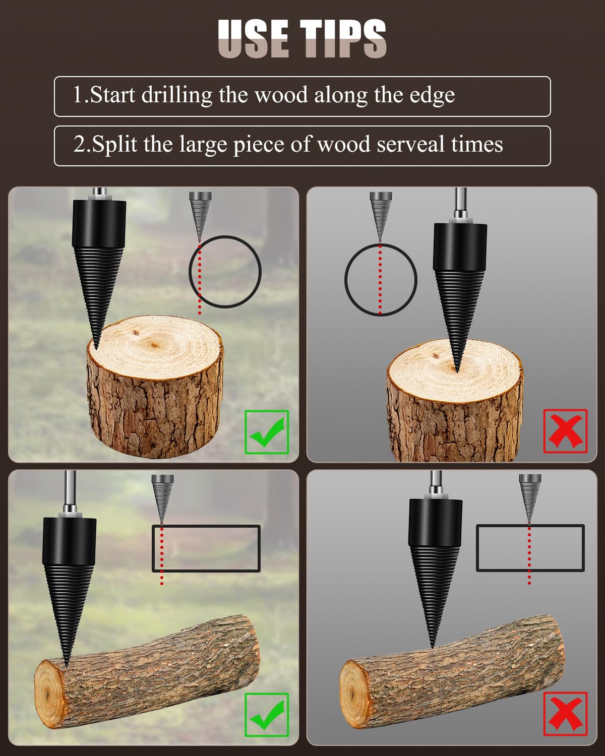 6 Pcs Wood Splitter Drill Bits, 45mm+32mm Firewood Log Splitter Kindling Detachable Design, Heavy Duty Electric Drills Screw Cone Driver Removable, Wood Splitting Wedge Tools