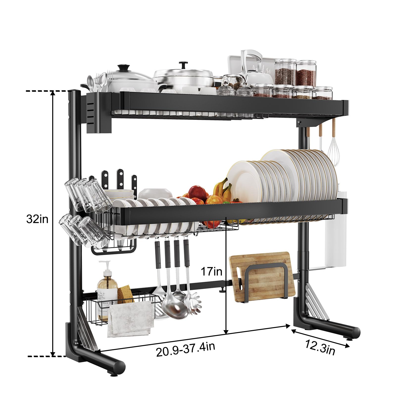 Abtropfgestell für die Spüle, 3-stöckig, verstellbar (52 - 84 cm), vollständiges Abtropfgestell aus Edelstahl, erweiterbar, multifunktional, Küchen-Organizer