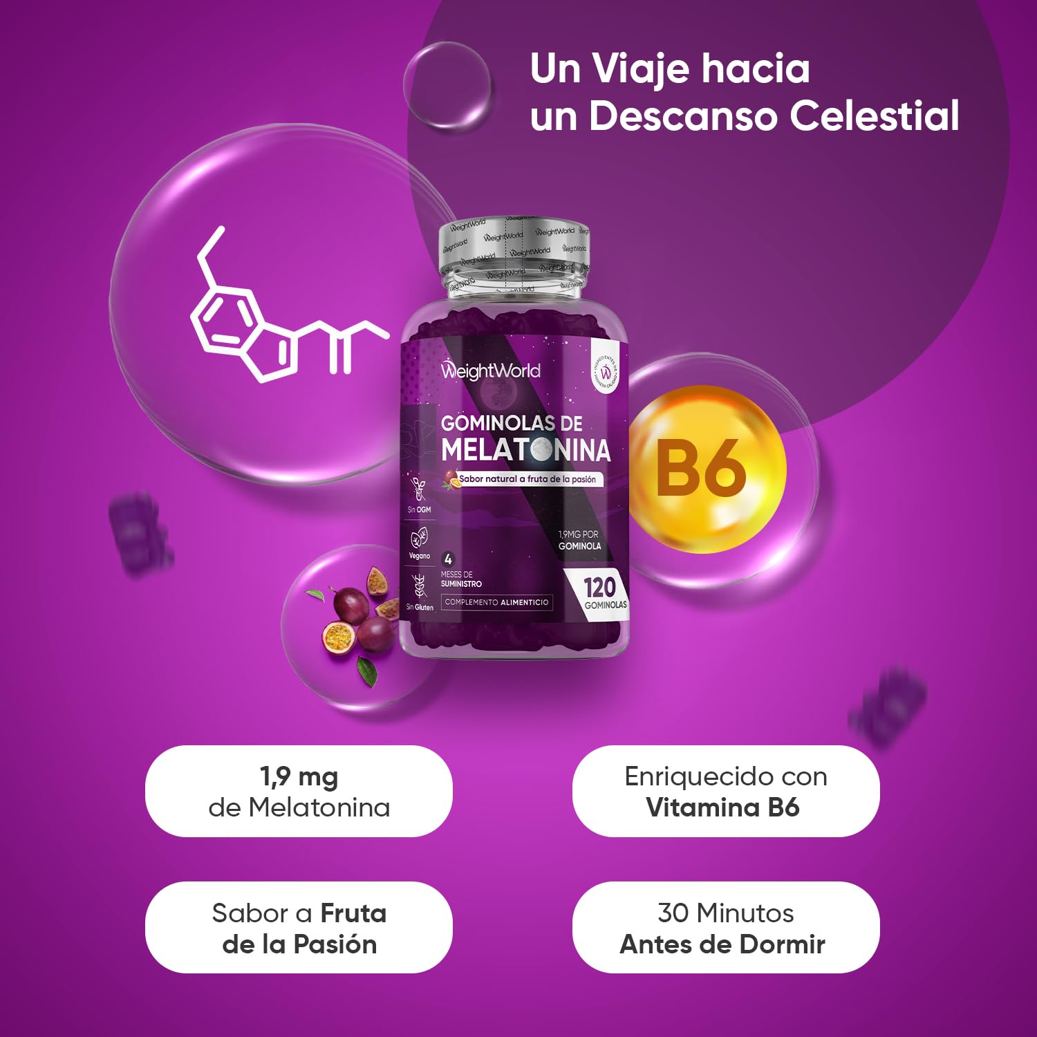 Melatonina Gominolas 120 Unidades Con Vitamina B6 y Sabor Natural a Fruta de la Pasión - Gummies para 4 Meses, Melatonina Contribuye a Reducir el Tiempo para Conciliar el Sueño, Veganas y Sin Gluten