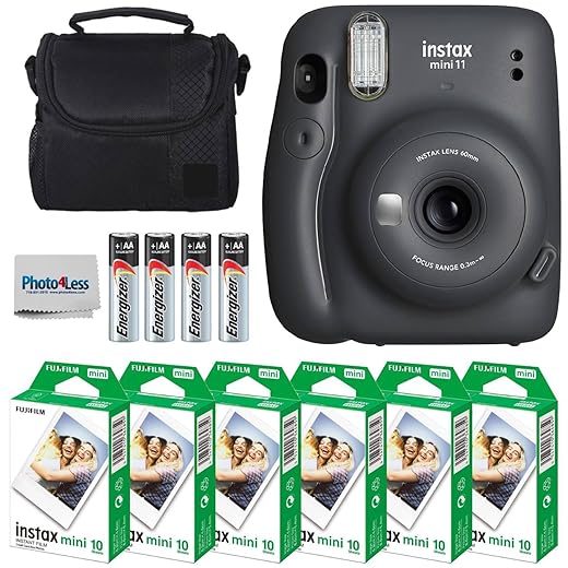 Fujifilm Instax Mini 11 Instant Camera - Charcoal Grey (16654786) + Fuji Instax Mini Twin Pack Instant Film (60 Sheets) + Batteries + Case - Instant Camera Bundle