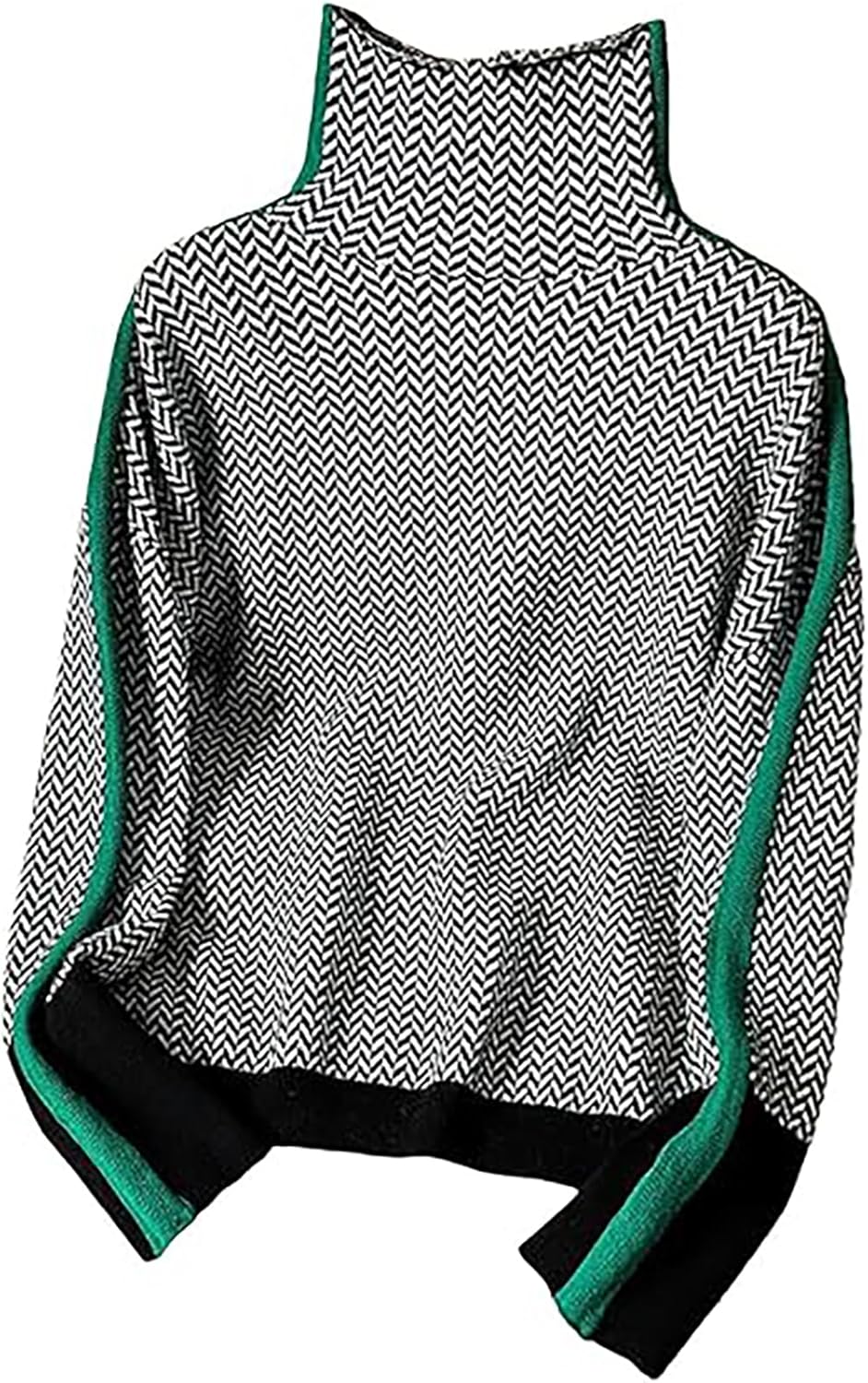 Ihigh Neck Sweater for Women, Stack Collar Herringbone Pattern Sweater, Vintage Patchwork Knitted Pullover Tops