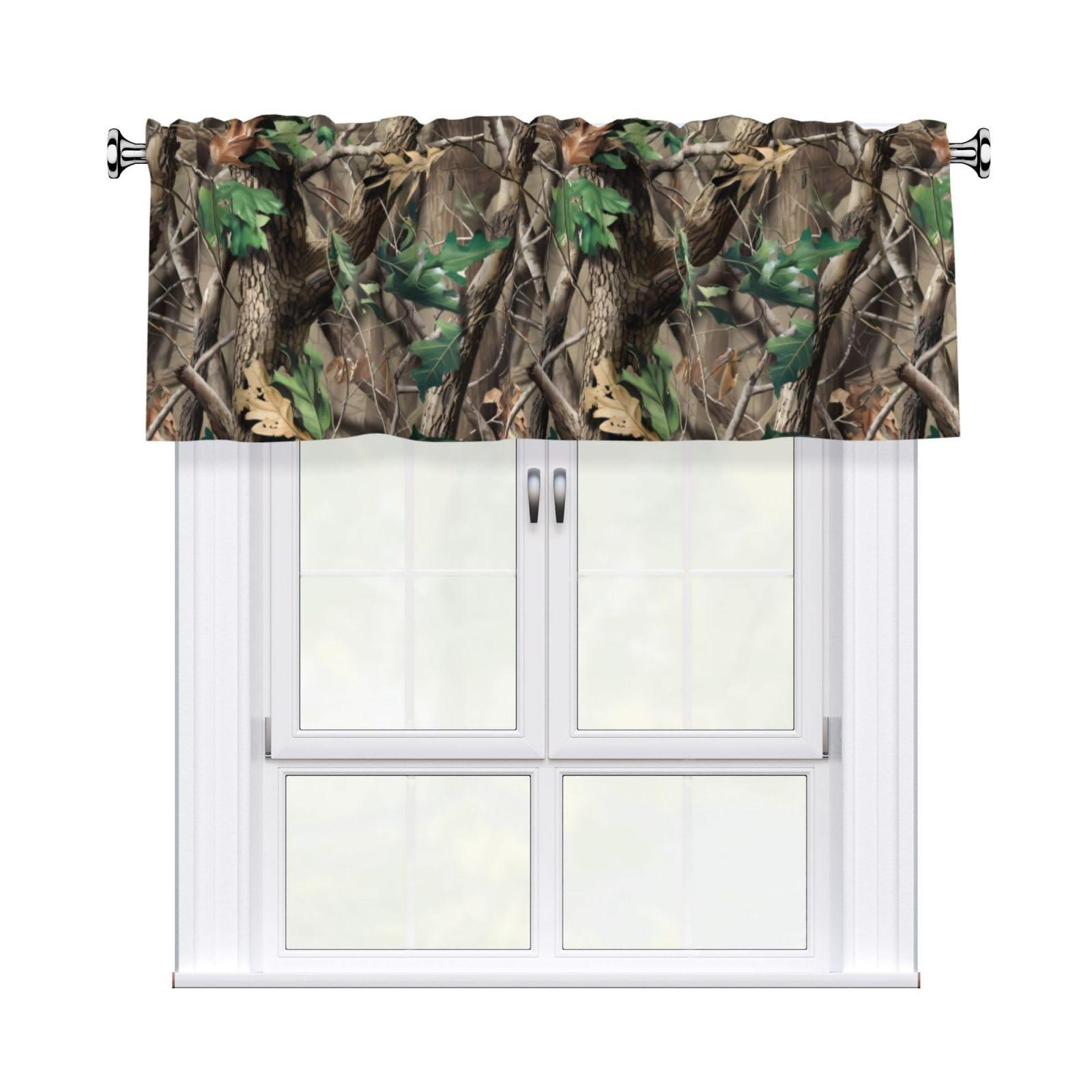 HJFCZH WHJSSF Hardwoods Green Camo Prints 54x18in Curtain Valance - Peach Skin Polyester Kitchen Cover with Light Filtering Floral & 3" Rod Pocket