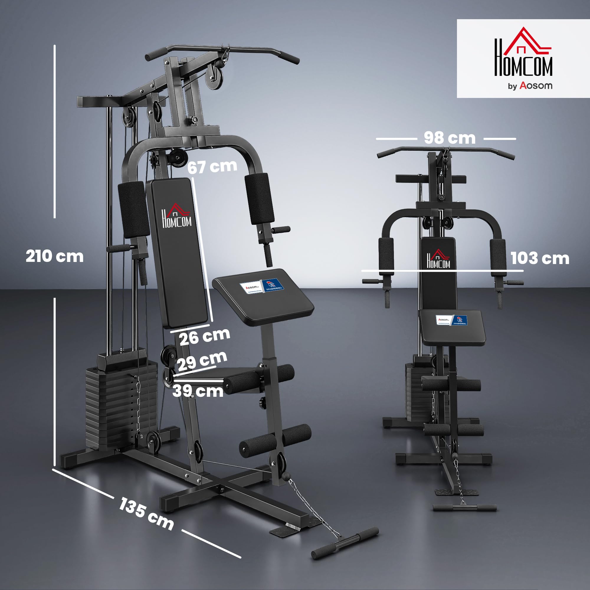 HOMCOM Station de Musculation Fitness - Collaboration Aosom.FR x FFHandball - avec 12 Blocs de Poids de 5,5 kg entraînement Complet - 135 x 103 x 210 cm
