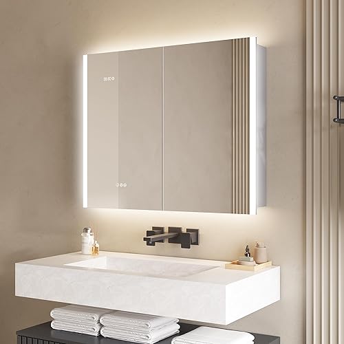 MIRPLUS Botiquín de baño de 36 x 30 pulgadas con espejo LED, sensor de movimiento PIR, luz antivaho de 3 colores y ajuste de brillo, montaje en