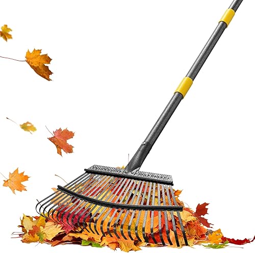 COCONUT Rastrillo de hojas de metal ajustable de 6 pies y agarre para césped, resistente, 25 dientes, patio, césped, mantillo, arbusto, cama de