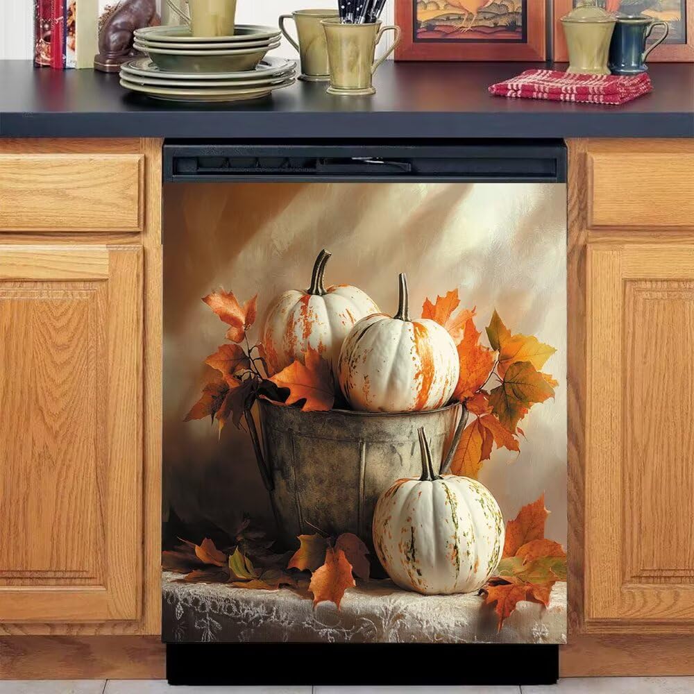 Dishwasher Cover Magnet Pumpkin Maple Leaf Print, Dish Washer Cover for Kitchen Decor, Fall Dishwasher Sticker Refrigerator Magnetic Decals 23×26 in