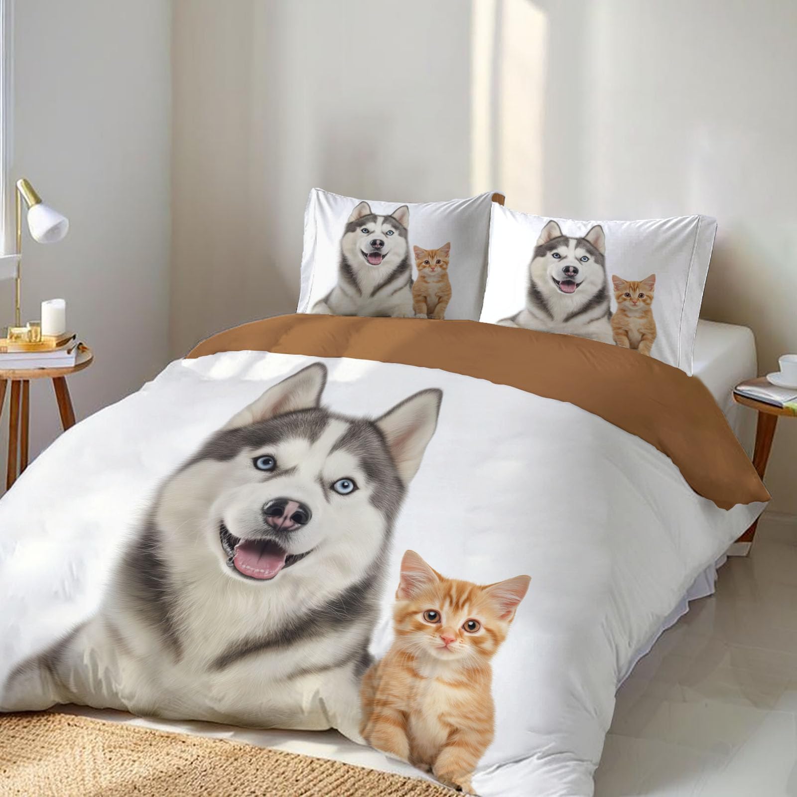 Housse de couette 200x200cm blanc husky chat orange pour lit ado et adulte