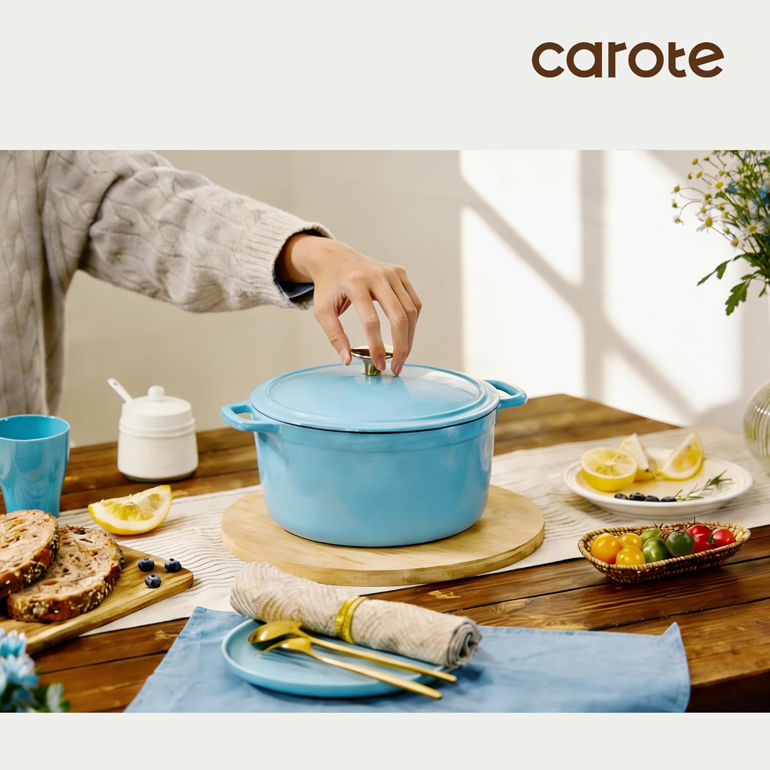 CAROTE 5QT Enameled Cast Iron Dutch Oven Pot with Lid, Heavy-Duty Dutch Ovens for Sourdough Bread Baking, Braising, Roasting, Dual Handles, Healthy & Non-Toxic, All Stovetop Compatible, Oven Safe up to 500° F, Macaron Blue - Image 6