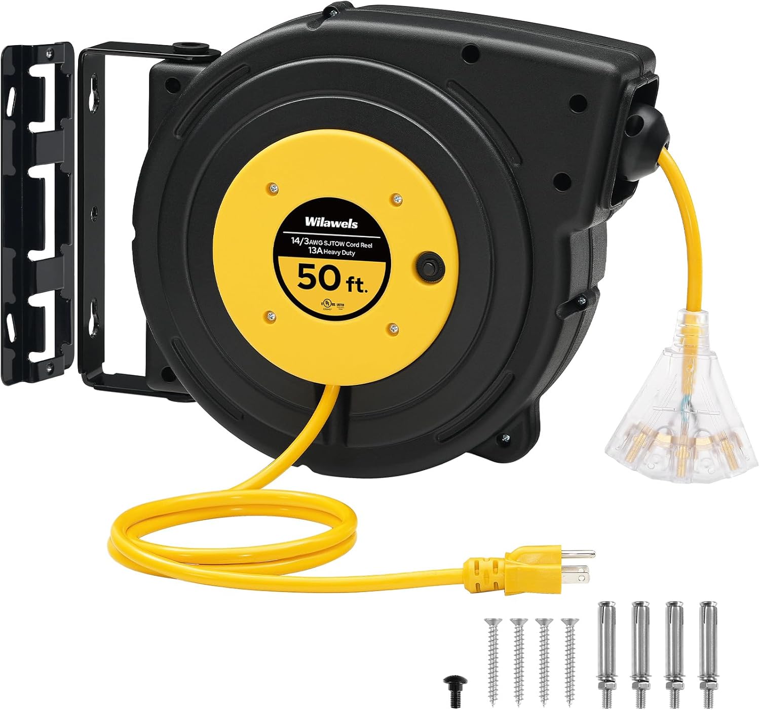 Retractable Extension Cord Reel, 50 FT Heavy Duty Power Cord, 14AWG/3C SJTOW, 3 Grounded Outlets Lighted Triple Tap, 13 Amp Circuit Breaker, UL Listed, Yellow Y50CR06