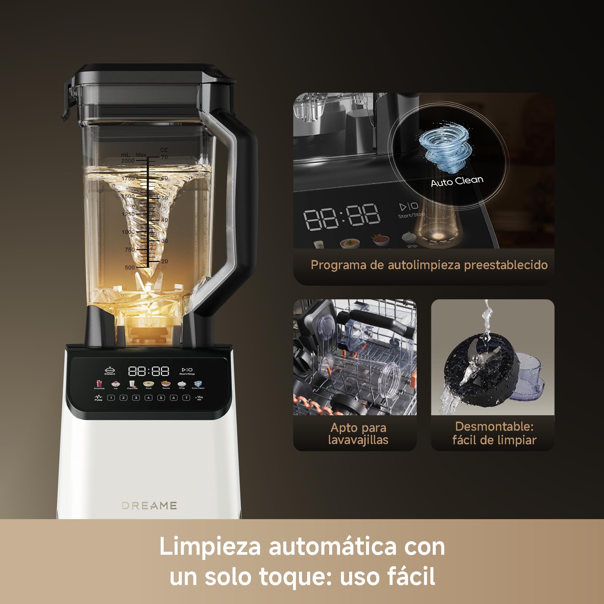 DREAME BlendLogic Blanco, Batidora de Vaso, Tecnología IDetect | 2 Vasos de Tritán (2,0 L + 700 ml), Potente Motor de 2000 W, 9 Programas Inteligentes, Programa de Autolimpieza
