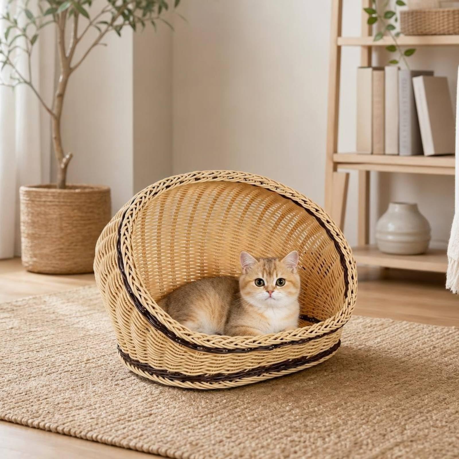 Semi Chiusa Cuccia in Fibra Intrecciata Materiali Ecologici Cuccia a Grotta per Cani Piccoli, Beige, L