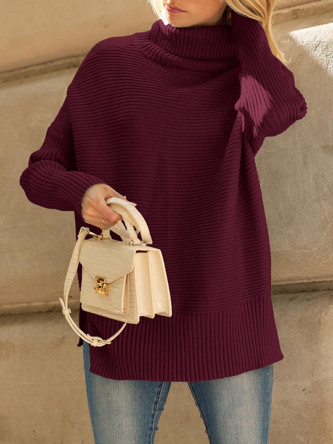 LILLUSORY Women's Oversized Turtleneck Sweaters Fall Batwing Sleeve Ribbed Tunic Sweater - Image 7