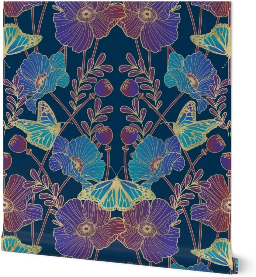 Peel & Stick Wallpaper Swatch - Poppy Art Nouveau Jewel Poppies Butterfly Blue Aqua Purple Custom Removable Wallpaper by Spoonflower